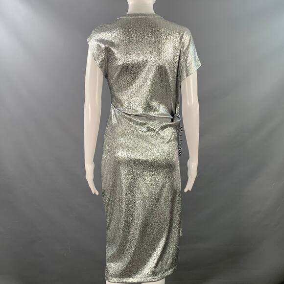 PACO RABANNE 4 Silver Viscose Blend Cap Sleeves Asymmetrical Midi Cocktail Dress - Picture 4 of 6